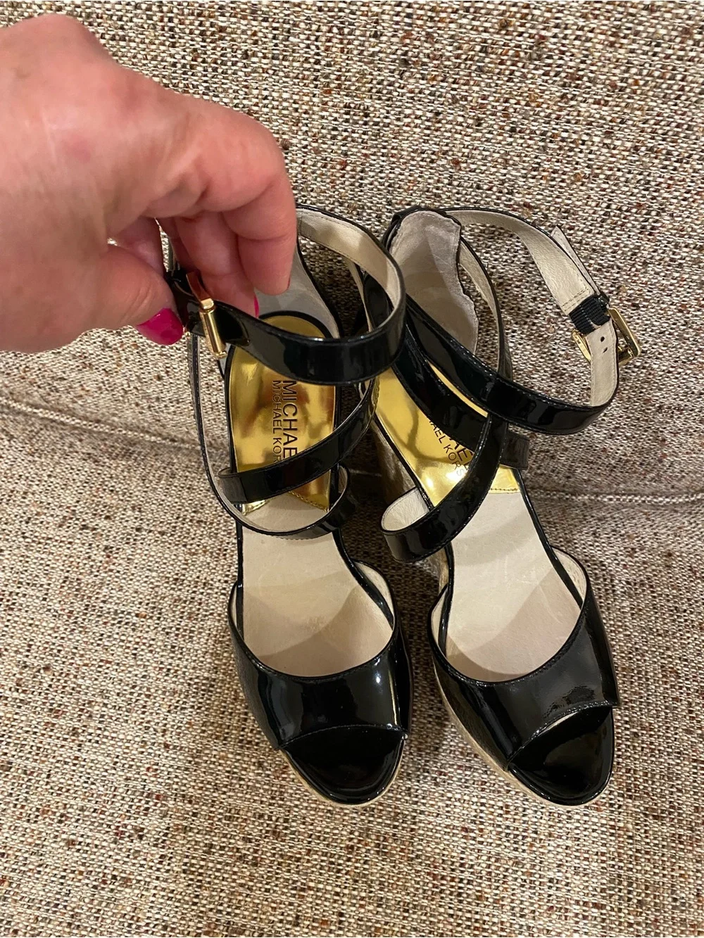 Michael Kors Black Patent Espadrille Platform Wedge Sandals